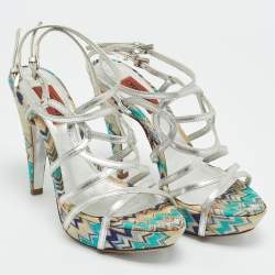 مملوكة مسبقًا صندل ميزوني قماش رمادي/أرجواني وجلد بحزام على شكل T نعل سميك مقاس 40