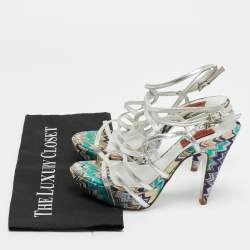 مملوكة مسبقًا صندل ميزوني قماش رمادي/أرجواني وجلد بحزام على شكل T نعل سميك مقاس 40