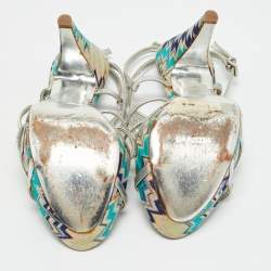 مملوكة مسبقًا صندل ميزوني قماش رمادي/أرجواني وجلد بحزام على شكل T نعل سميك مقاس 40