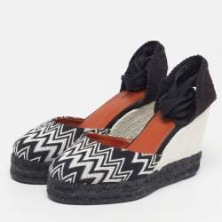 Pre Owned Missoni Size 40 Black/White Fabric Wedge Ankle Wrap Espadrille Sandals