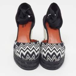 Pre Owned Missoni Size 40 Black/White Fabric Wedge Ankle Wrap Espadrille Sandals