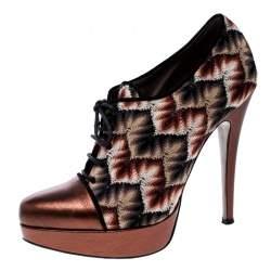 Pre Owned Missoni Multicolor Patterned Knit and Metallic Leather Platform Lace Up Ankle Booties Size 37.5