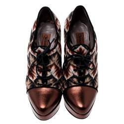 Pre Owned Missoni Multicolor Patterned Knit and Metallic Leather Platform Lace Up Ankle Booties Size 37.5