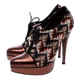 Pre Owned Missoni Multicolor Patterned Knit and Metallic Leather Platform Lace Up Ankle Booties Size 37.5