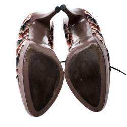 Pre Owned Missoni Multicolor Patterned Knit and Metallic Leather Platform Lace Up Ankle Booties Size 37.5