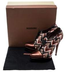 Pre Owned Missoni Multicolor Patterned Knit and Metallic Leather Platform Lace Up Ankle Booties Size 37.5