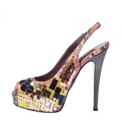 Pre Owned Missoni Multicolor Knit Fabric Embellished Peep Toe Platform Slingback Sandals Size 37.5