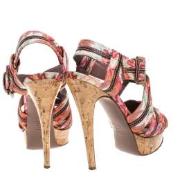 Pre Owned Missoni Multicolor Crochet Fabric And Leather Trim Ankle Strap Platform Sandals Size 38