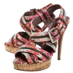Pre Owned Missoni Multicolor Crochet Fabric And Leather Trim Ankle Strap Platform Sandals Size 38
