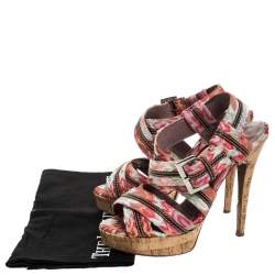 Pre Owned Missoni Multicolor Crochet Fabric And Leather Trim Ankle Strap Platform Sandals Size 38