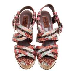 Pre Owned Missoni Multicolor Crochet Fabric And Leather Trim Ankle Strap Platform Sandals Size 38