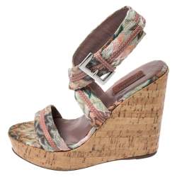 Pre Owned Missoni Multicolor Crochet Fabric And Leather Cork Wedge Slingback Sandals Size 37