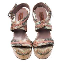 Pre Owned Missoni Multicolor Crochet Fabric And Leather Cork Wedge Slingback Sandals Size 37