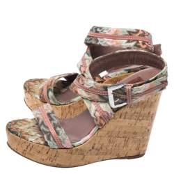 Pre Owned Missoni Multicolor Crochet Fabric And Leather Cork Wedge Slingback Sandals Size 37
