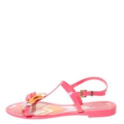 Pre Owned Missoni Peach Jelly Flower Embellished Ankle Strap Flats Size 38