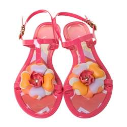 Pre Owned Missoni Peach Jelly Flower Embellished Ankle Strap Flats Size 38