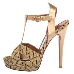 Pre Owned Missoni Gold/Black Knit Fabric And Satin T-Strap Platform Sandals Size 36