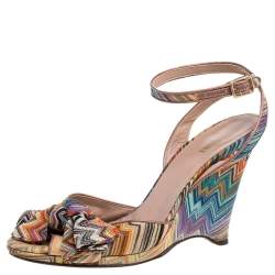 Pre Owned Missoni Multicolor Knit Fabric Knotted Bow Wedge Ankle Strap Sandals Size 39