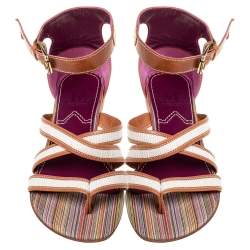 Pre Owned Missoni Beige/White Leather And Fabric Flat Sandals Size 38