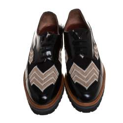 Pre Owned Missoni Black/Beige Patent Leather And Mesh Derby Size 37.5