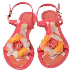 Pre Owned Missoni Pink Rubber Rose Ankle Strap Flat Sandals Size 36