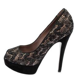 Pre Owned Missoni Black Lace And Suede Peep Toe Platform Pumps Size 36