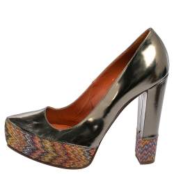 Pre Owned Missoni Multicolor Knit Fabric and Leather Block Heel Platform Pumps Size 39