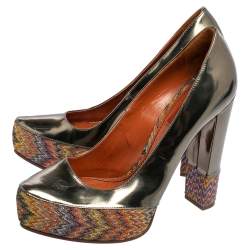 Pre Owned Missoni Multicolor Knit Fabric and Leather Block Heel Platform Pumps Size 39