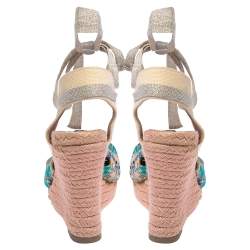 Pre Owned Missoni Multicolor Lurex Fabric And Canvas Knotted Espadrille Wedge Ankle Wrap Sandals Size 38