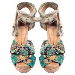 Pre Owned Missoni Multicolor Lurex Fabric And Canvas Knotted Espadrille Wedge Ankle Wrap Sandals Size 38