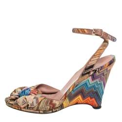 Pre Owned Missoni Multicolor Knit Fabric Knotted Bow Wedge Ankle Strap Sandals Size 40.5