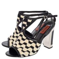 Pre Owned Missoni Cream/Black Knit Fabric and Leather Open-Toe Ankle Strap Sandals Size 39
