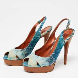 Pre Owned Missoni Blue Embroidered Fabric Cross Strap Peep-Toe Slingback Sandals Size 38