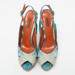 Pre Owned Missoni Blue Embroidered Fabric Cross Strap Peep-Toe Slingback Sandals Size 38