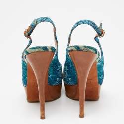 Pre Owned Missoni Blue Embroidered Fabric Cross Strap Peep-Toe Slingback Sandals Size 38