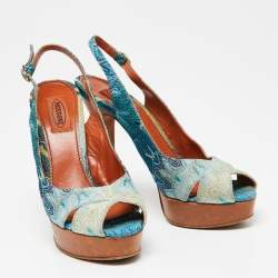 Pre Owned Missoni Blue Embroidered Fabric Cross Strap Peep-Toe Slingback Sandals Size 38