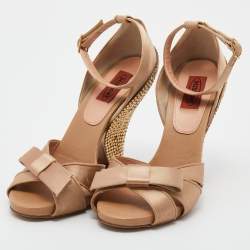 Pre Owned Missoni Beige Satin Crystal Embellished Heel Ankle Strap Sandals Size 38
