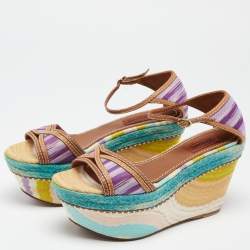 Pre Owned Missoni Multicolor Canvas And Leather Platform Ankle Strap Sandals Size 37