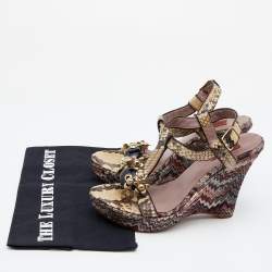 Pre Owned Missoni Beige Python Embellished T-Strap Wedge Sandals Size 38