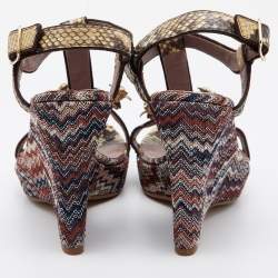 Pre Owned Missoni Beige Python Embellished T-Strap Wedge Sandals Size 38