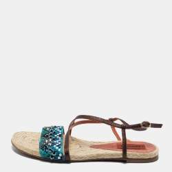 Missoni Blue/Dark Brown Crystal Embellished Fabric and Leather Ankle Strap Flat Sandals Size 35