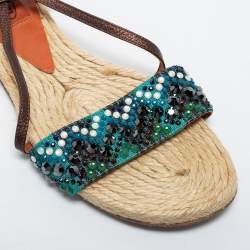 Missoni Blue/Dark Brown Crystal Embellished Fabric and Leather Ankle Strap Flat Sandals Size 35