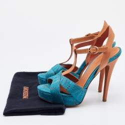Pre Owned Missoni Blue/Brown Knit Fabric and Leather T-Strap Platform Sandals Size 37.5