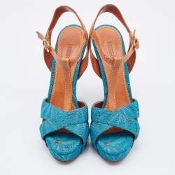Pre Owned Missoni Blue/Brown Knit Fabric and Leather T-Strap Platform Sandals Size 37.5