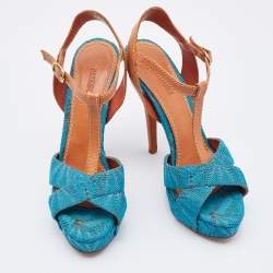 Pre Owned Missoni Blue/Brown Knit Fabric and Leather T-Strap Platform Sandals Size 37.5