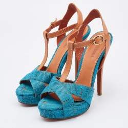 Pre Owned Missoni Blue/Brown Knit Fabric and Leather T-Strap Platform Sandals Size 37.5