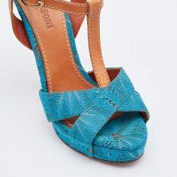 Pre Owned Missoni Blue/Brown Knit Fabric and Leather T-Strap Platform Sandals Size 37.5