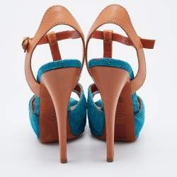 Pre Owned Missoni Blue/Brown Knit Fabric and Leather T-Strap Platform Sandals Size 37.5