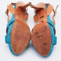 Pre Owned Missoni Blue/Brown Knit Fabric and Leather T-Strap Platform Sandals Size 37.5