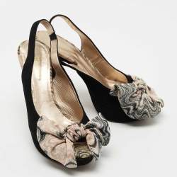 Missoni Black Suede and Fabric Bow Peep Toe Slingback Pumps Size 40